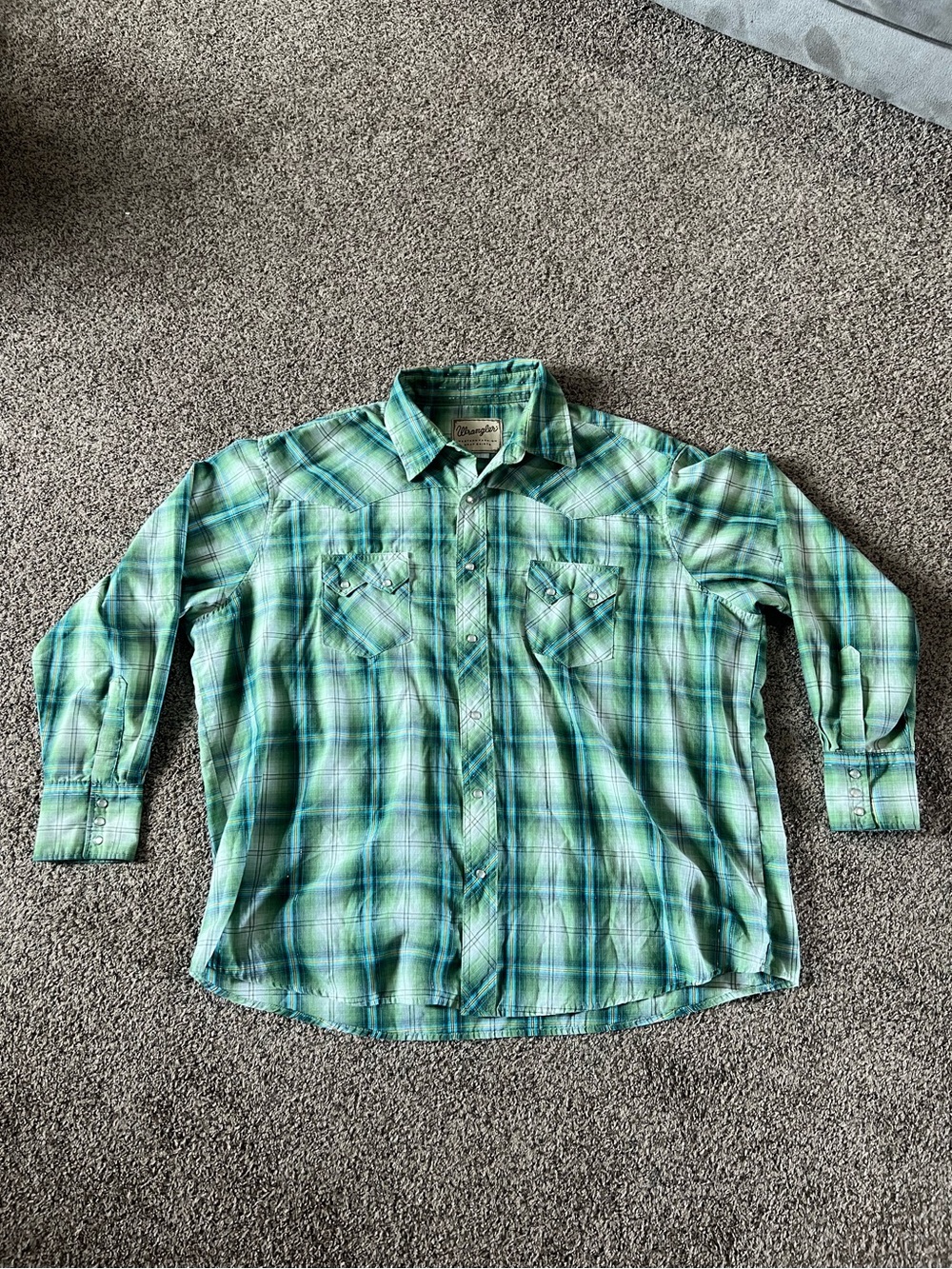 Wrangler Western Fashion Pearl Snap Shirt Green And White Men's 2XL Casual - Picture 1 of 7